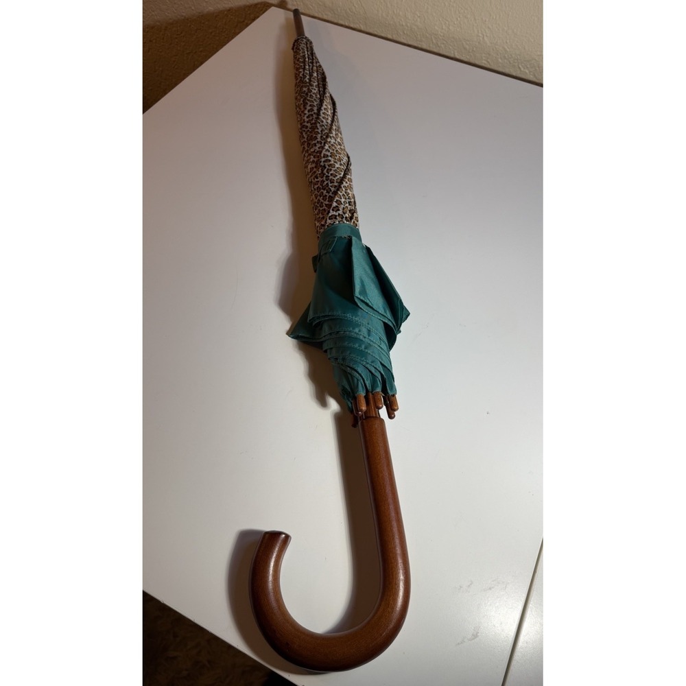 Dennis Basso Umbrella Teal Green Leopard Print Wood Handle Full Size‎
